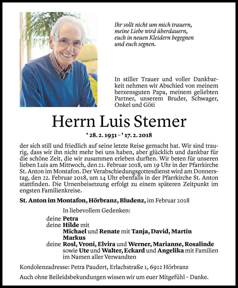  Todesanzeige für Luis Stemer vom 19.02.2018 aus Vorarlberger Nachrichten