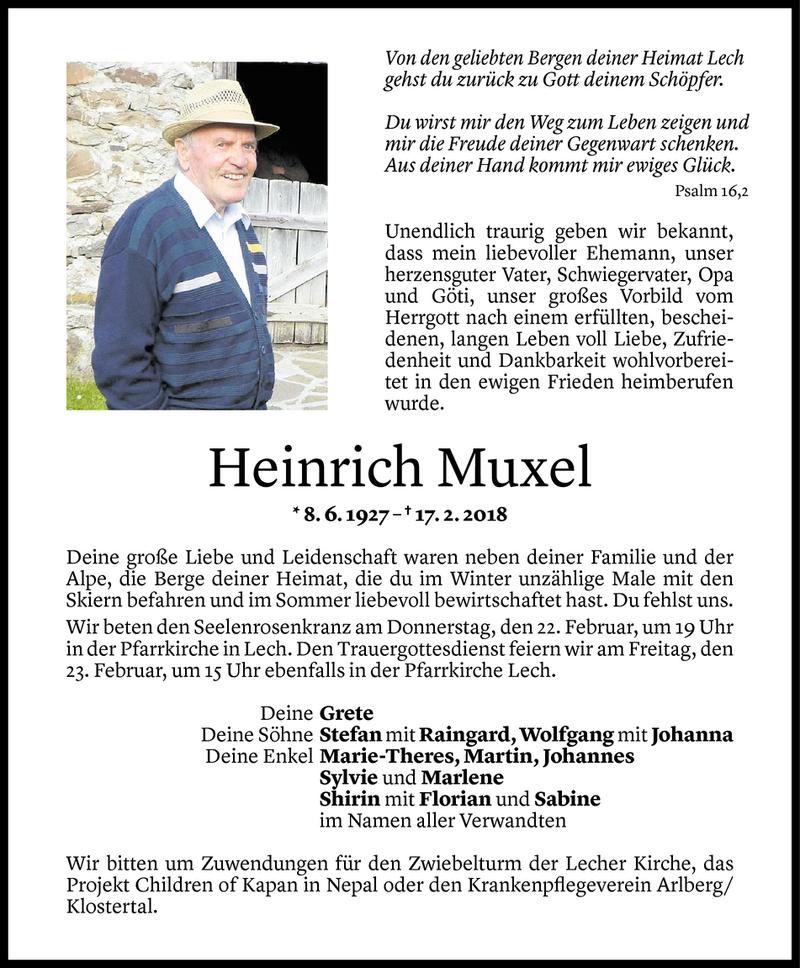  Todesanzeige für Heinrich Muxel vom 21.02.2018 aus Vorarlberger Nachrichten