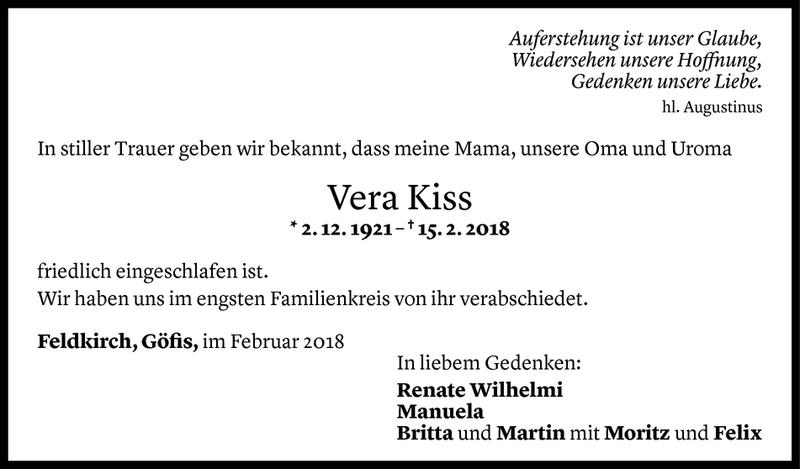  Todesanzeige für Vera Kiss vom 21.02.2018 aus Vorarlberger Nachrichten