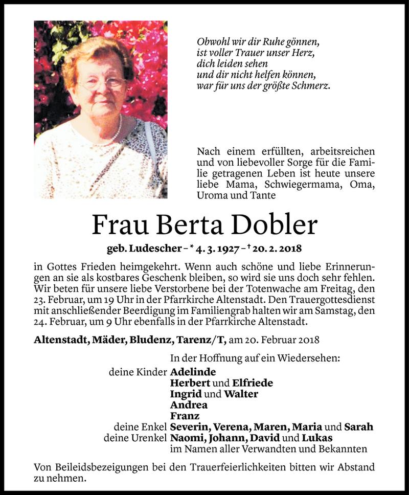  Todesanzeige für Berta Dobler vom 21.02.2018 aus Vorarlberger Nachrichten