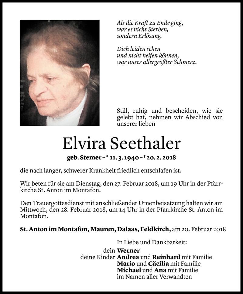  Todesanzeige für Elvira Seethaler vom 23.02.2018 aus Vorarlberger Nachrichten