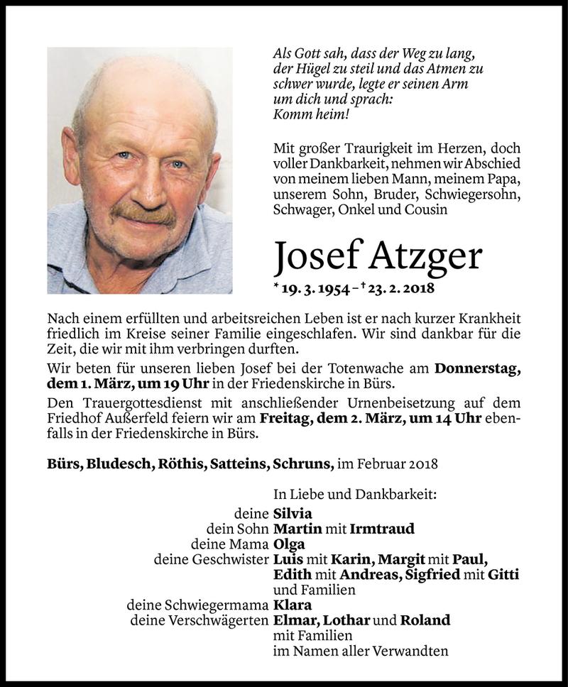  Todesanzeige für Josef Atzger vom 27.02.2018 aus Vorarlberger Nachrichten