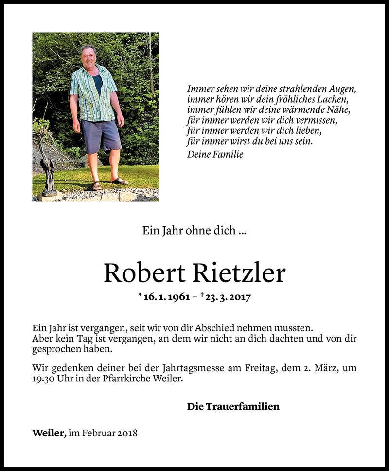  Todesanzeige für Robert Rietzler vom 27.02.2018 aus Vorarlberger Nachrichten