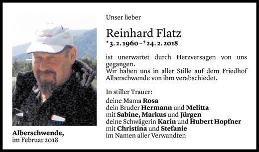 Todesanzeige von Reinhard Flatz von Vorarlberger Nachrichten