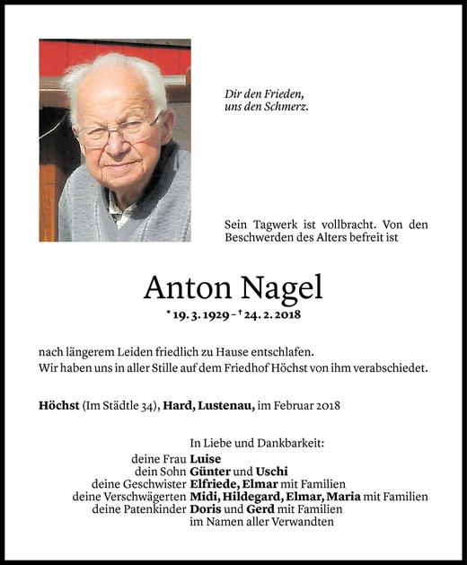 Todesanzeige von Anton Nagel von Vorarlberger Nachrichten
