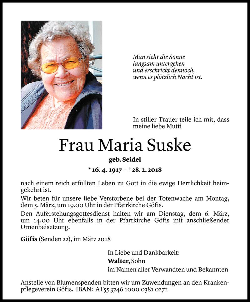  Todesanzeige für Maria Suske vom 03.03.2018 aus Vorarlberger Nachrichten