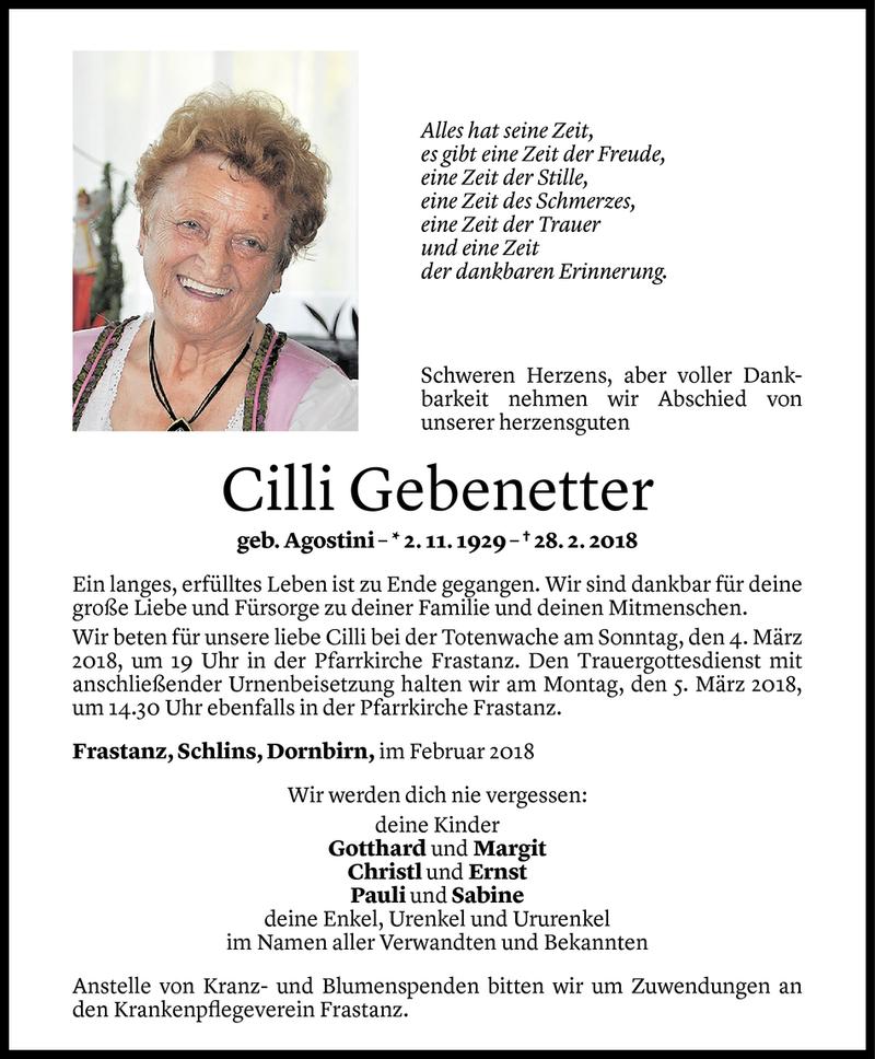  Todesanzeige für Cilli Gebenetter vom 02.03.2018 aus Vorarlberger Nachrichten