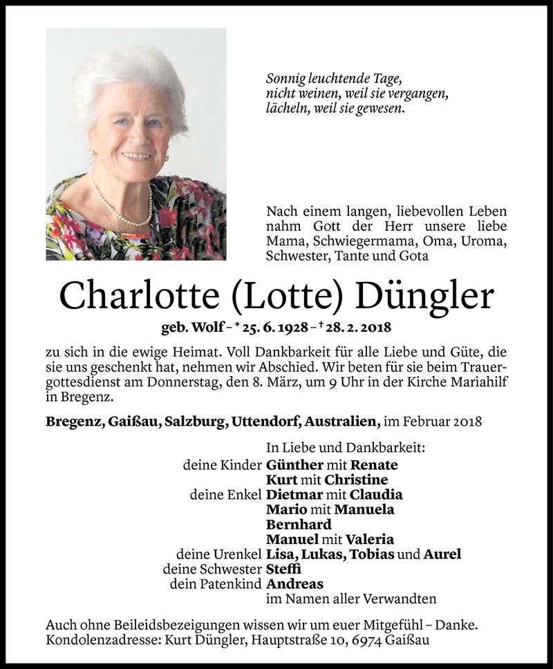  Todesanzeige für Charlotte Düngler vom 02.03.2018 aus Vorarlberger Nachrichten
