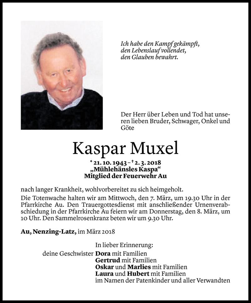  Todesanzeige für Kaspar Muxel vom 05.03.2018 aus Vorarlberger Nachrichten