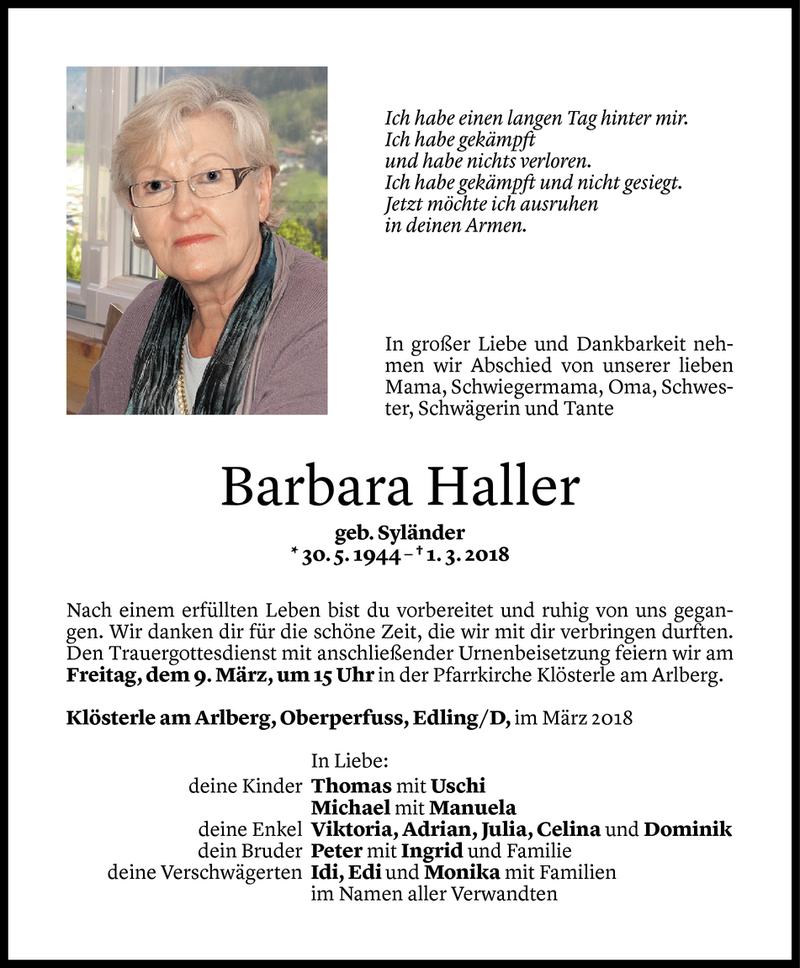 Todesanzeigen Von Barbara Haller | Todesanzeigen Vorarlberger Nachrichten