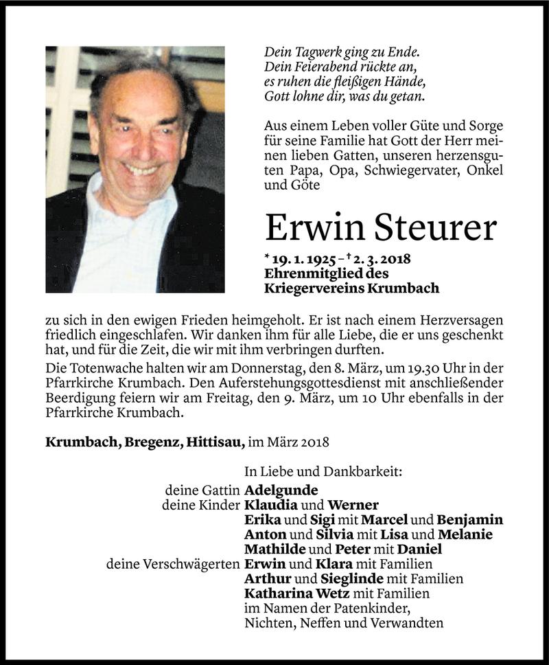  Todesanzeige für Erwin Steurer vom 06.03.2018 aus Vorarlberger Nachrichten