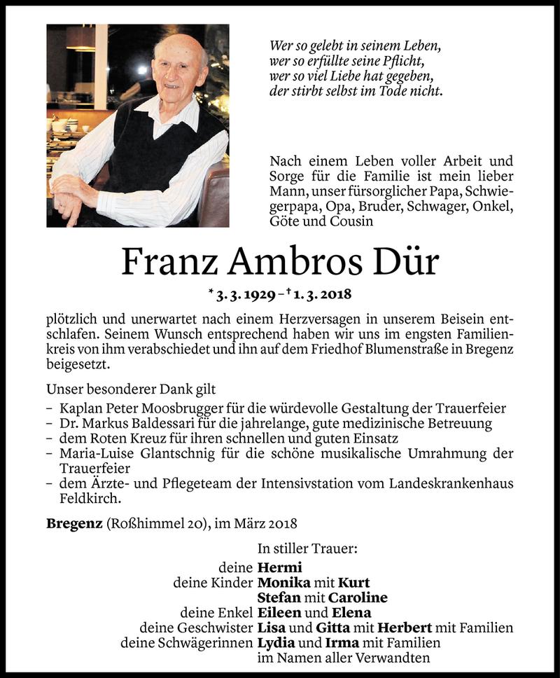  Todesanzeige für Franz Ambros Dür vom 10.03.2018 aus Vorarlberger Nachrichten