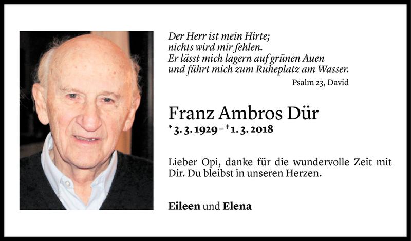  Todesanzeige für Franz Ambros Dür vom 10.03.2018 aus Vorarlberger Nachrichten