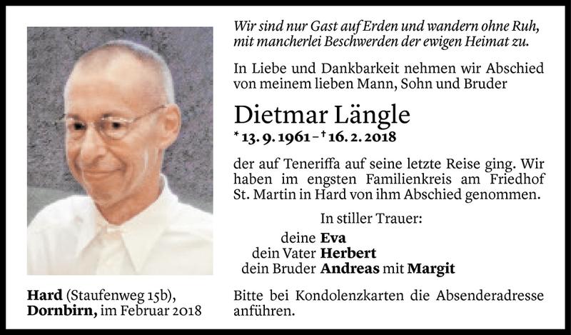  Todesanzeige für Dietmar Längle vom 10.03.2018 aus Vorarlberger Nachrichten