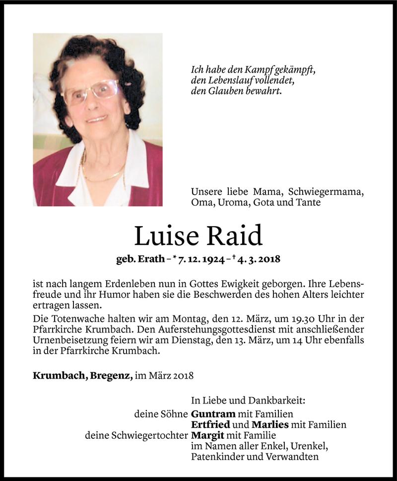  Todesanzeige für Luise Raid vom 09.03.2018 aus Vorarlberger Nachrichten