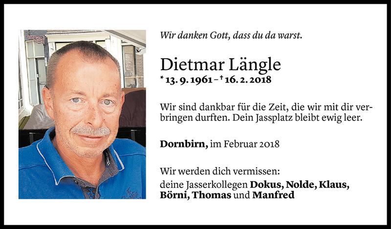  Todesanzeige für Dietmar Längle vom 10.03.2018 aus Vorarlberger Nachrichten