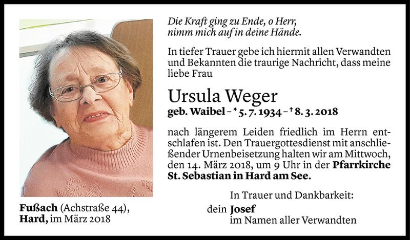  Todesanzeige für Ursula Weger vom 11.03.2018 aus Vorarlberger Nachrichten