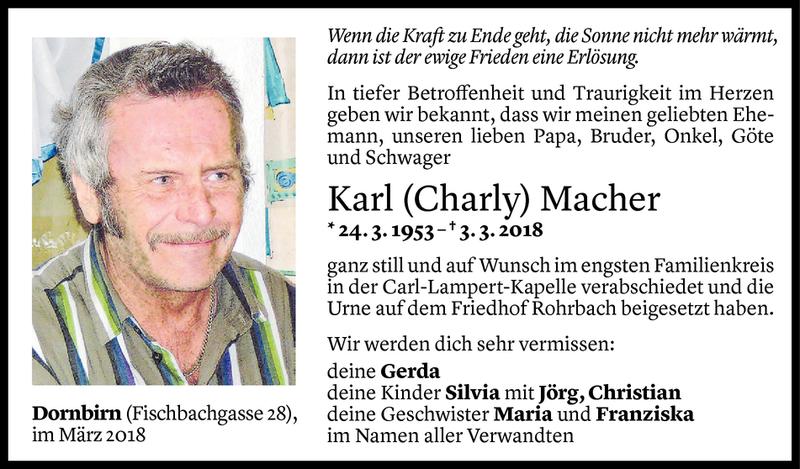  Todesanzeige für Karl Macher vom 12.03.2018 aus Vorarlberger Nachrichten