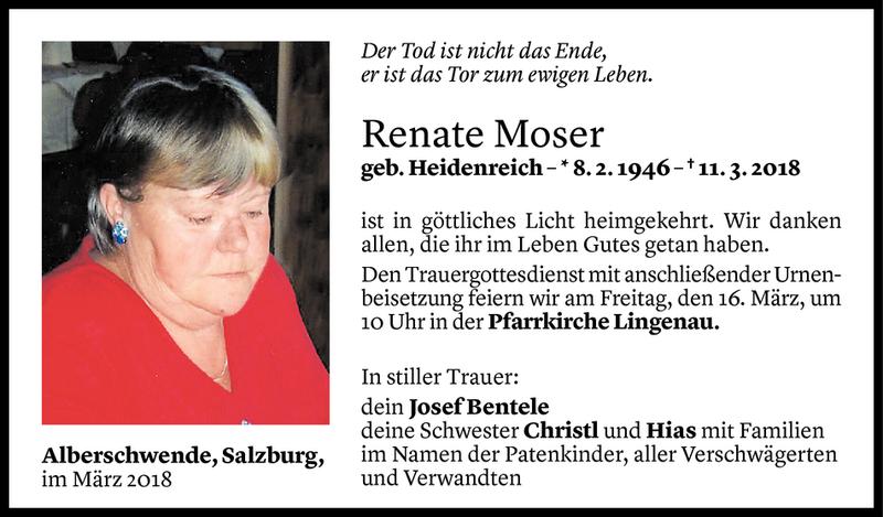  Todesanzeige für Renate Moser vom 13.03.2018 aus Vorarlberger Nachrichten