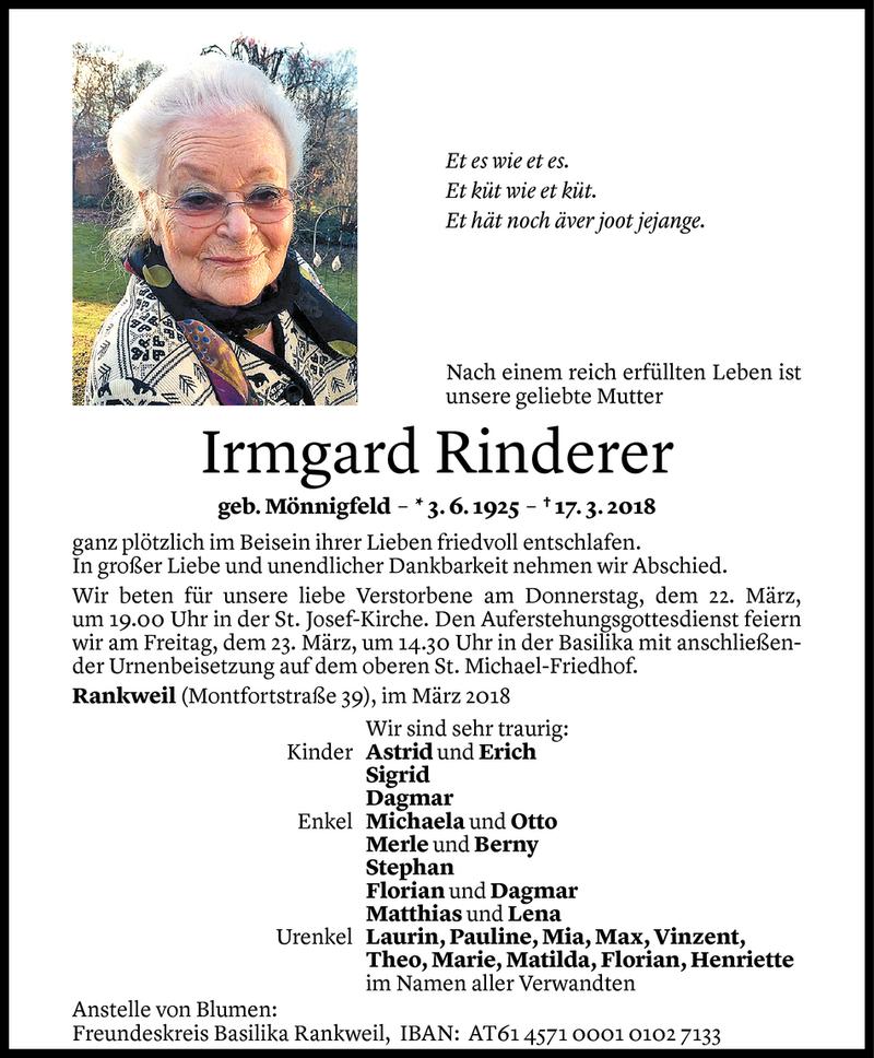  Todesanzeige für Irmgard Rinderer vom 20.03.2018 aus Vorarlberger Nachrichten