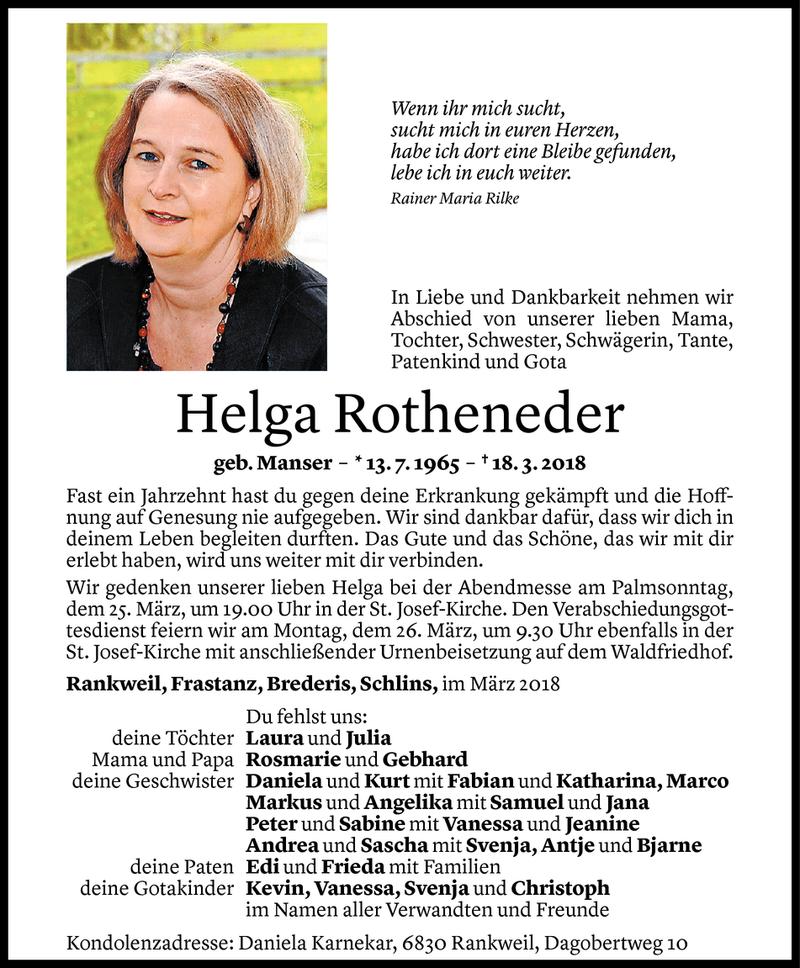  Todesanzeige für Helga Rotheneder vom 22.03.2018 aus Vorarlberger Nachrichten