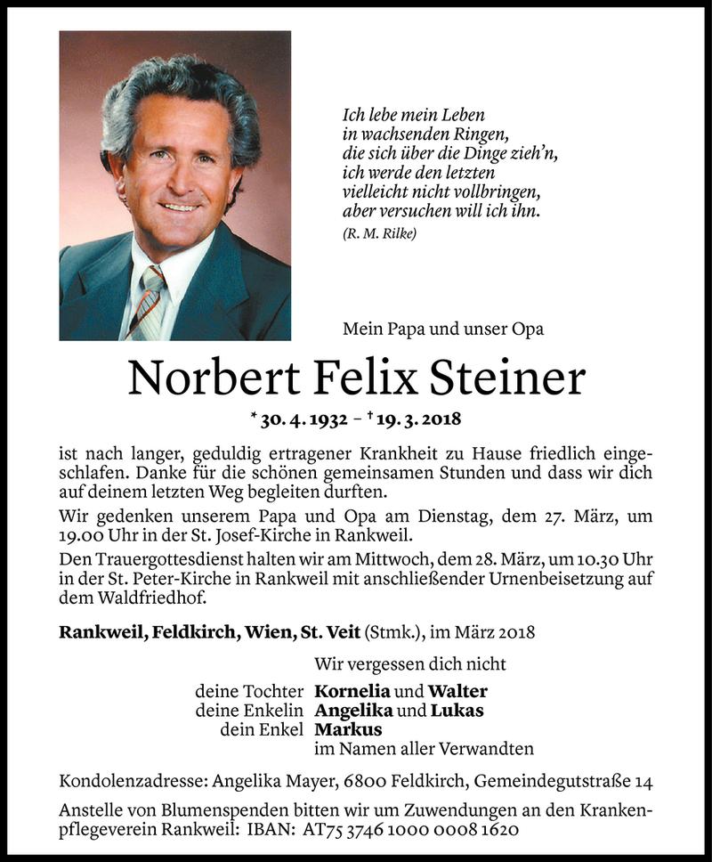  Todesanzeige für Norbert Felix Steiner vom 23.03.2018 aus Vorarlberger Nachrichten