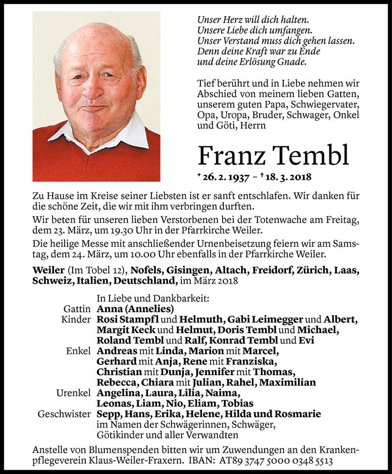  Todesanzeige für Franz Tembl vom 21.03.2018 aus Vorarlberger Nachrichten