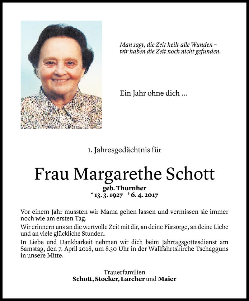 Todesanzeige für Margarethe Schott vom 03.04.2018 aus Vorarlberger Nachrichten