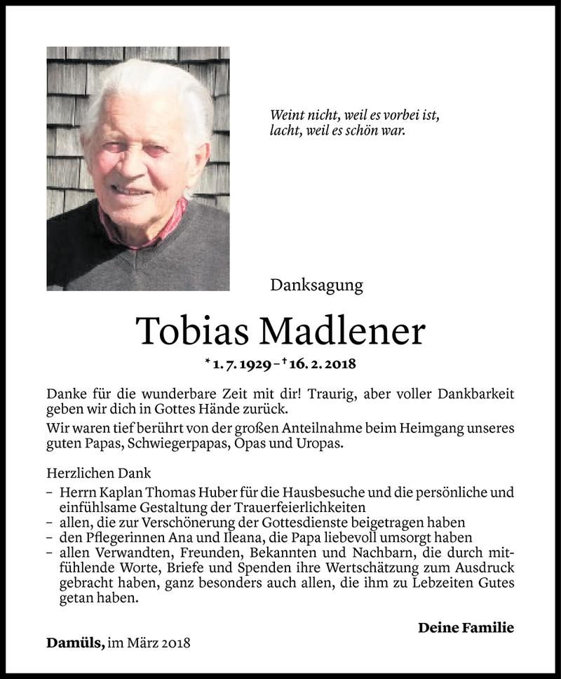  Todesanzeige für Tobias Madlener vom 27.03.2018 aus Vorarlberger Nachrichten