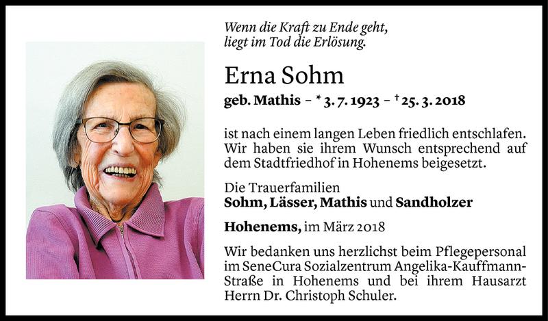  Todesanzeige für Erna Sohm vom 30.03.2018 aus Vorarlberger Nachrichten