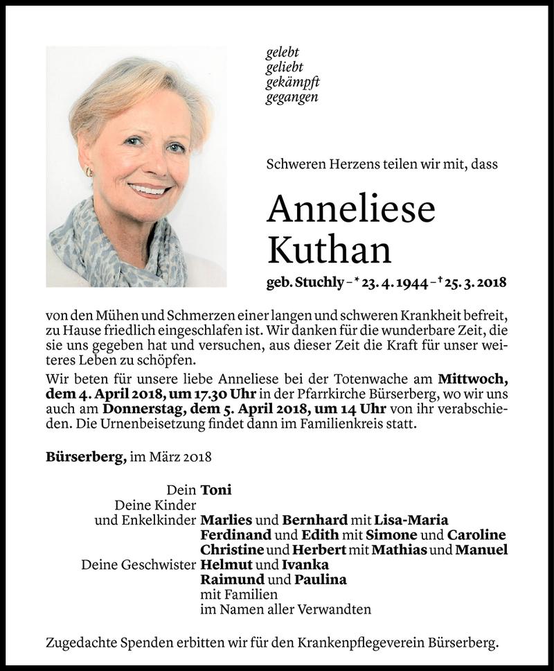  Todesanzeige für Anneliese Kuthan vom 31.03.2018 aus Vorarlberger Nachrichten