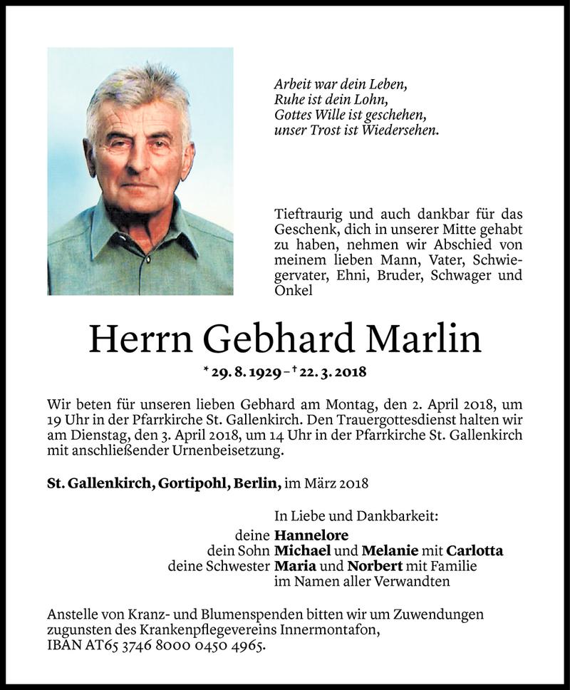  Todesanzeige für Gebhard Marlin vom 28.03.2018 aus Vorarlberger Nachrichten