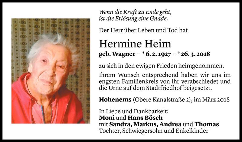  Todesanzeige für Hermine Heim vom 31.03.2018 aus Vorarlberger Nachrichten