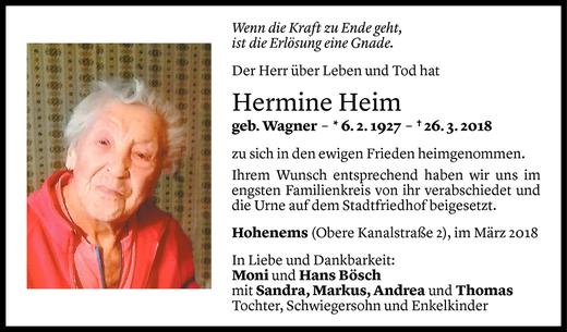 Todesanzeige von Hermine Heim von Vorarlberger Nachrichten