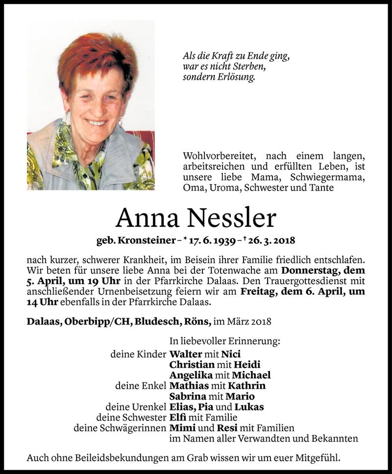  Todesanzeige für Anna Nessler vom 31.03.2018 aus Vorarlberger Nachrichten
