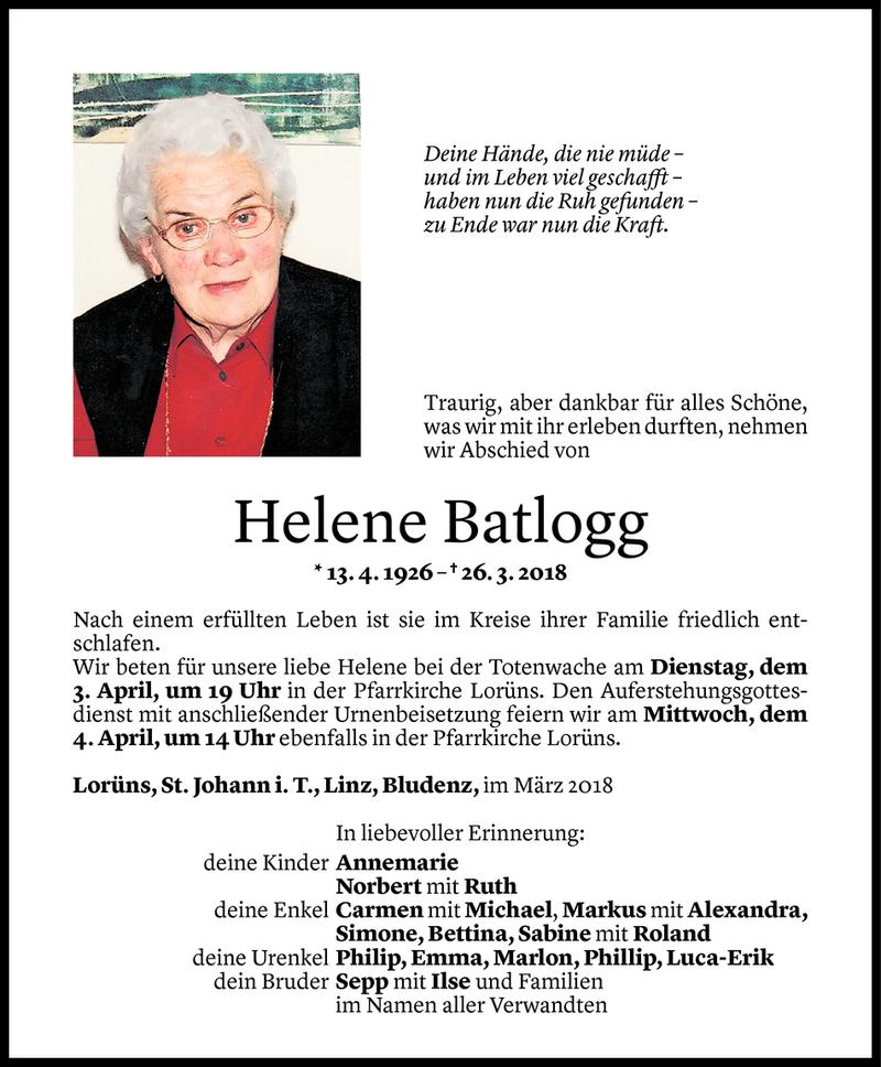  Todesanzeige für Helene Batlogg vom 31.03.2018 aus Vorarlberger Nachrichten