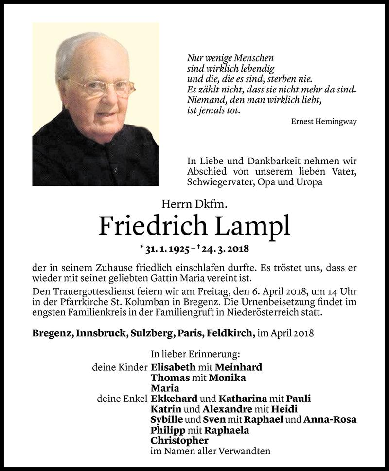  Todesanzeige für Friedrich Lampl vom 02.04.2018 aus Vorarlberger Nachrichten