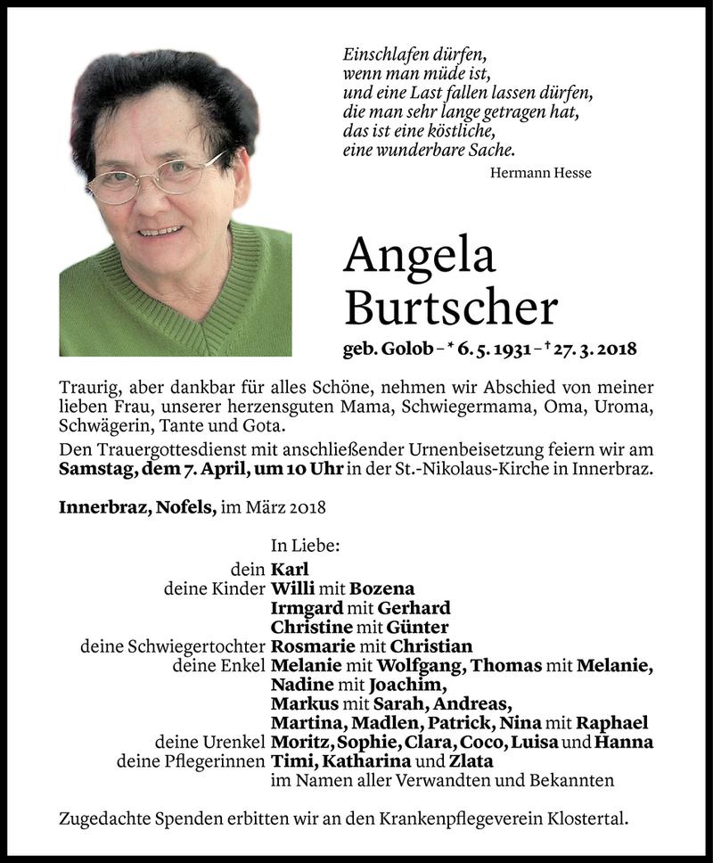  Todesanzeige für Angela Burtscher vom 31.03.2018 aus Vorarlberger Nachrichten