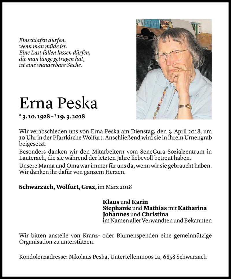  Todesanzeige für Erna Peska vom 29.03.2018 aus Vorarlberger Nachrichten