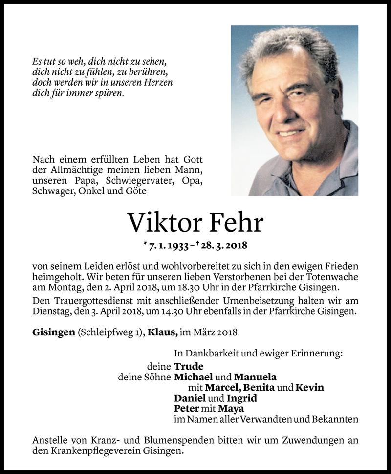  Todesanzeige für Viktor Fehr vom 30.03.2018 aus Vorarlberger Nachrichten