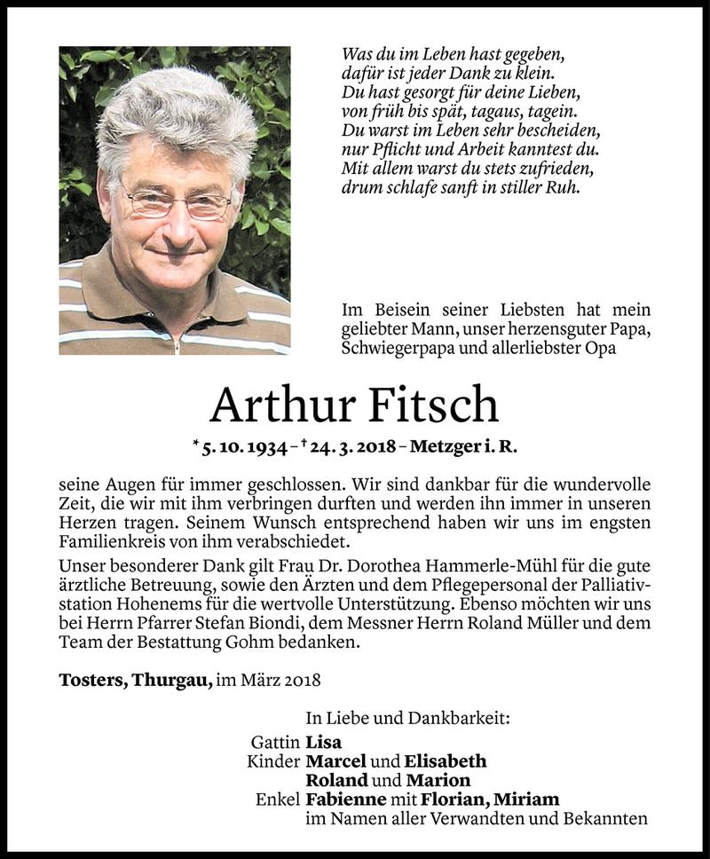  Todesanzeige für Arthur Fitsch vom 31.03.2018 aus Vorarlberger Nachrichten