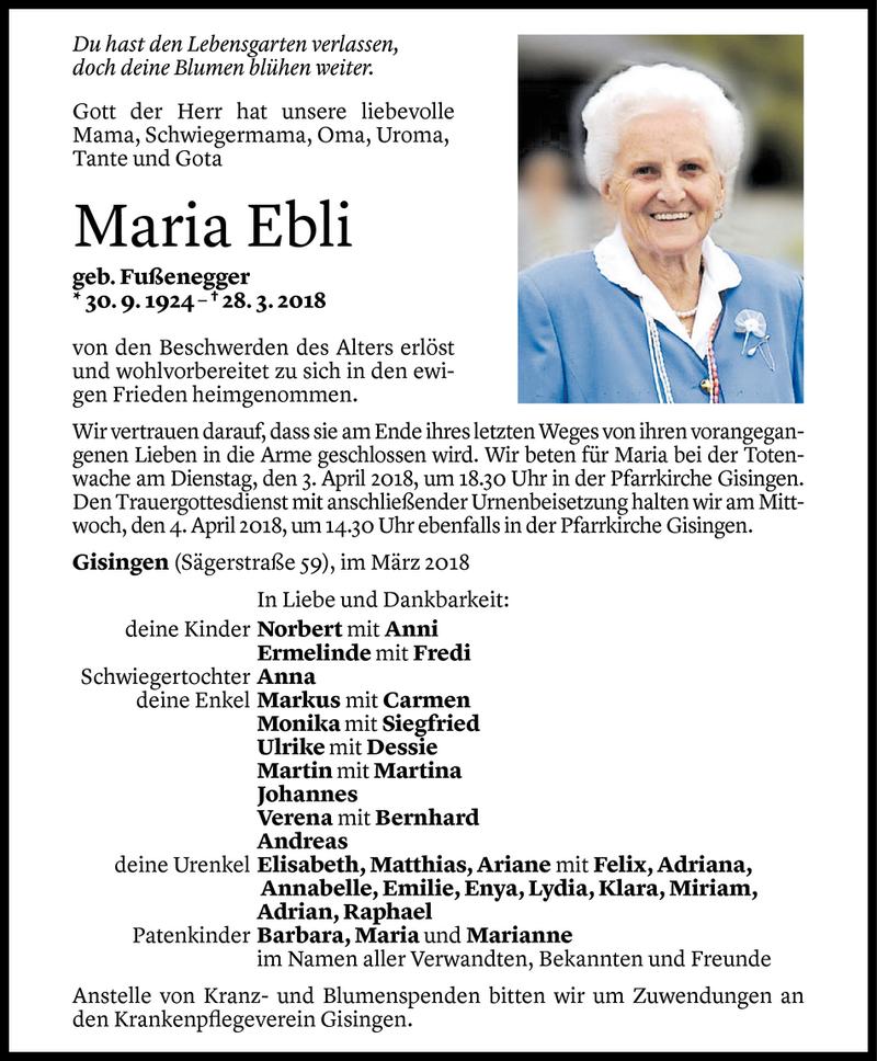  Todesanzeige für Maria Ebli vom 30.03.2018 aus Vorarlberger Nachrichten