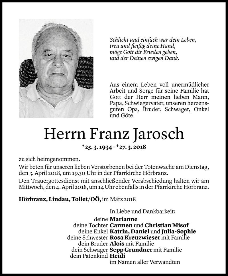  Todesanzeige für Franz Jarosch vom 30.03.2018 aus Vorarlberger Nachrichten