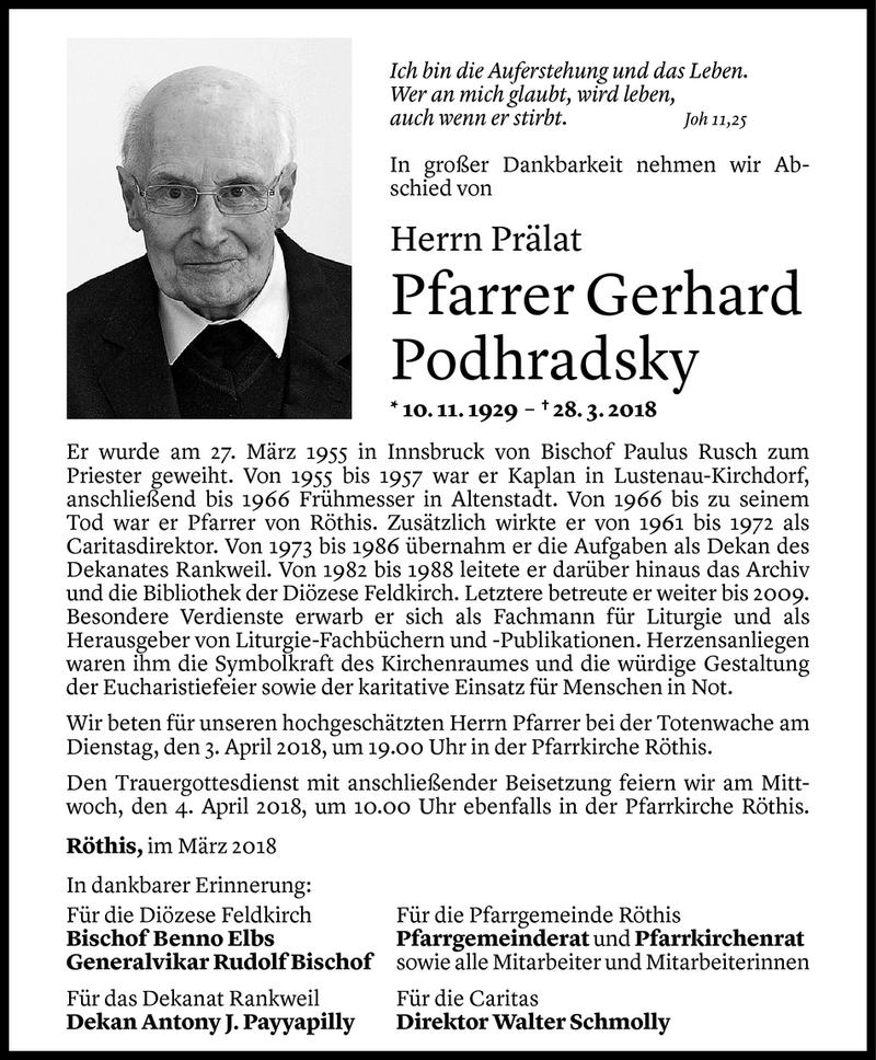  Todesanzeige für Gerhard Podhradsky vom 31.03.2018 aus Vorarlberger Nachrichten