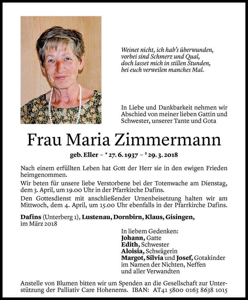  Todesanzeige für Maria Zimmermann vom 31.03.2018 aus Vorarlberger Nachrichten