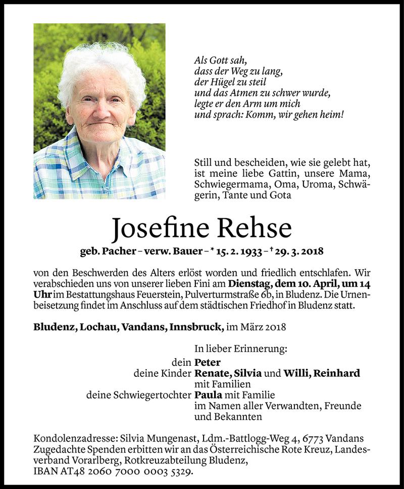  Todesanzeige für Josefine Rehse vom 04.04.2018 aus Vorarlberger Nachrichten