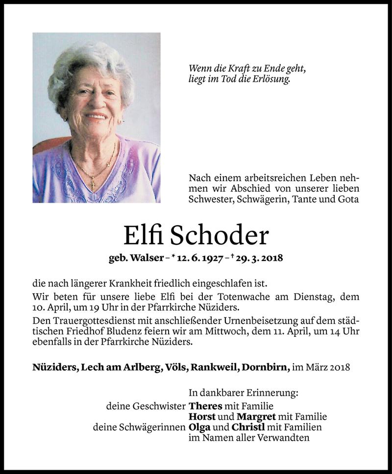  Todesanzeige für Elfi Schoder vom 04.04.2018 aus Vorarlberger Nachrichten
