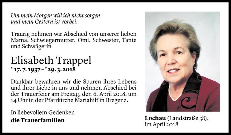  Todesanzeige für Elisabeth Trappel vom 03.04.2018 aus Vorarlberger Nachrichten