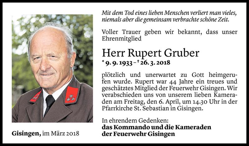 Todesanzeige für Rupert Gruber vom 03.04.2018 aus Vorarlberger Nachrichten