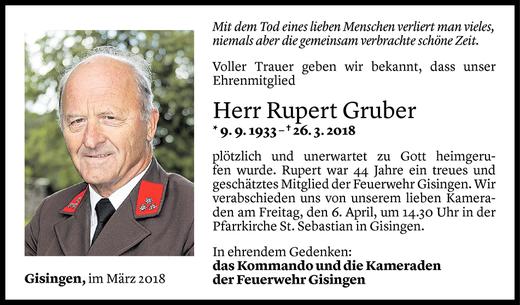 Todesanzeige von Rupert Gruber von Vorarlberger Nachrichten